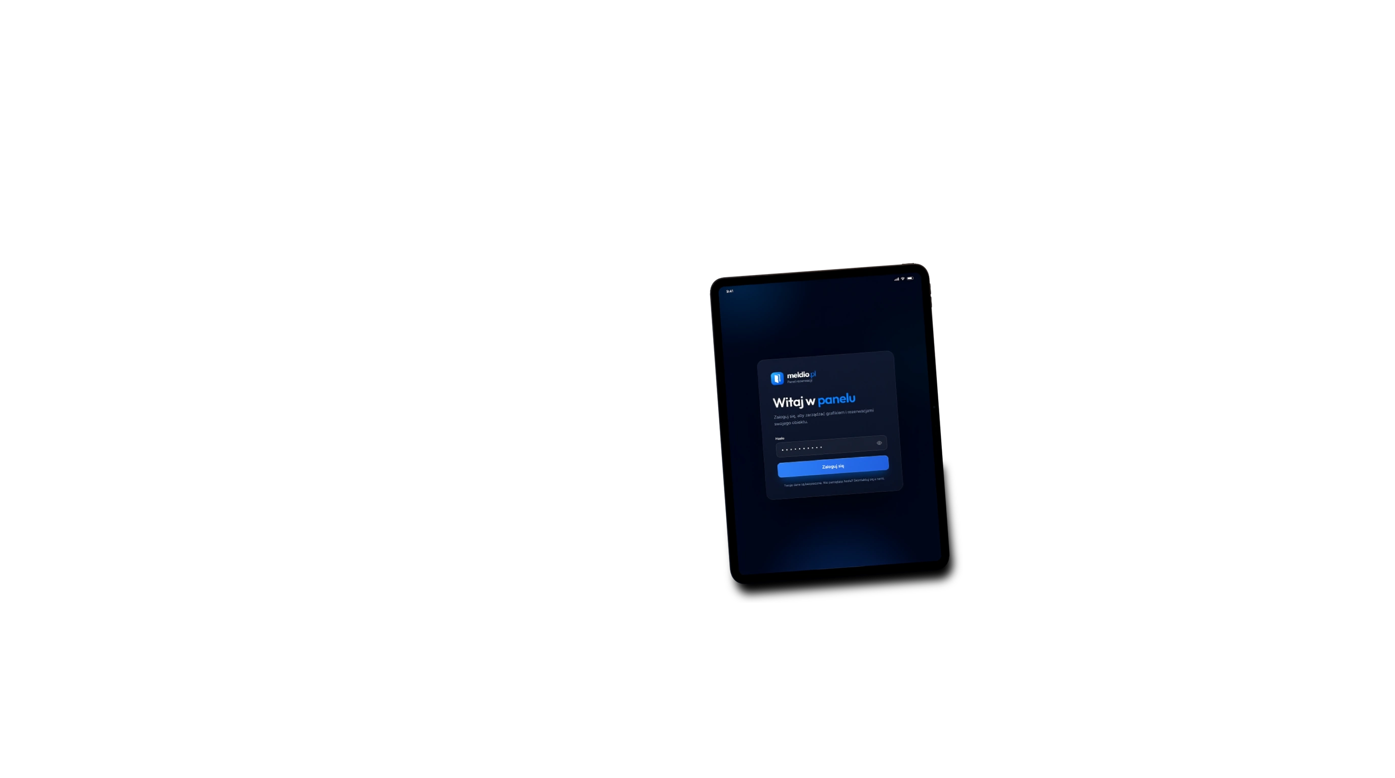 Panel Meldio na iPadzie - ekran logowania